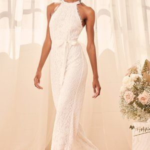 My Only One White Lace Halter Wide-Leg Jumpsuit
